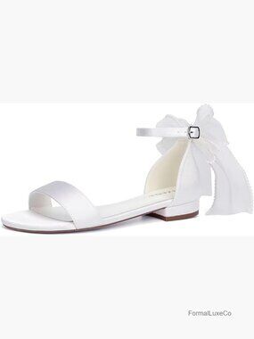 Bridal Flat Sandals with Bow Open Toe Wedding Shoes for Bride